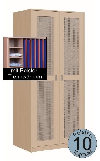 Polsterschrank mit Lochblechtüren, mit Polster-Trennwänden,  für 10 Polster, B/H/T 103×227×65/67 cm