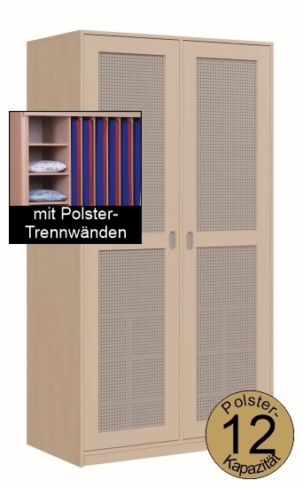 Polsterschrank mit Lochblechtüren, mit Polster-Trennwänden,  für 12 Polster, B/H/T 123×227×65/67 cm
