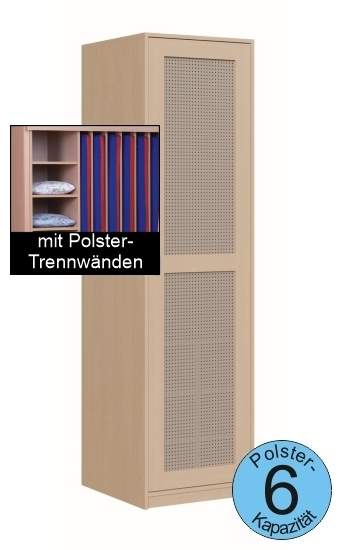 Polsterschrank mit Lochblechtüren, mit Polster-Trennwänden,  für 6 Polster, B/H/T 62×227×65/67 cm
