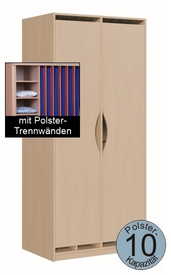 Polsterschrank mit Dekortüren, mit Polster-Trennwänden,  für 10 Polster, B/H/T 103×227×65/67 cm