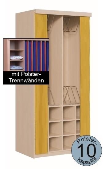 Polsterschrank mit Vorhangschiene, MIT Vorhang, mit Polster-Trennwänden,  für 10 Polster, B/H/T 103×227×65/72 cm