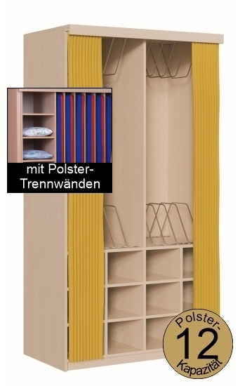 Polsterschrank mit Vorhangschiene, MIT Vorhang, mit Polster-Trennwänden,  für 12 Polster, B/H/T 123×227×65/72 cm