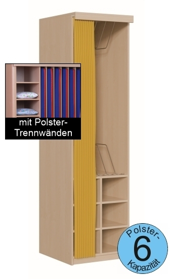 Polsterschrank mit Vorhangschiene, MIT Vorhang, mit Polster-Trennwänden,  für 6 Polster, B/H/T 62×227×65/72 cm