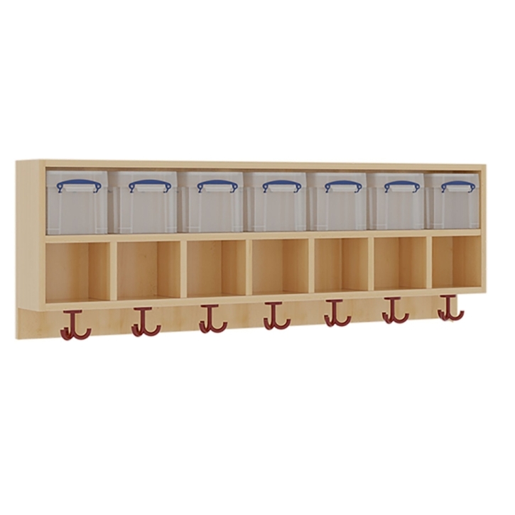 Mützenablage 2-reihig mit Kunststoffboxen, 7 Plätze, B/H/T 140 x 46 x 27 cm