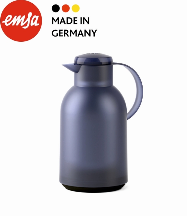 Isolierkanne 1,5 Liter, Glaseinsatz, Polypropylen, öffnen per Knopfdruck blau-grau