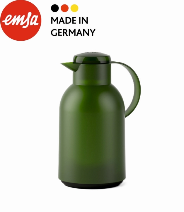 Isolierkanne 1,5 Liter, Glaseinsatz, Polypropylen, öffnen per Knopfdruck dunkelgrün