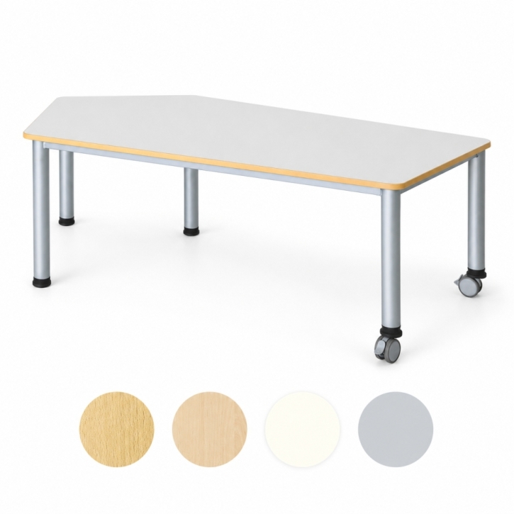Fahrbarer Fünfecktisch mit Stahlgestell, E1-Platte mit Melaminharzbeschichtung, groß, 185 x 104 cm