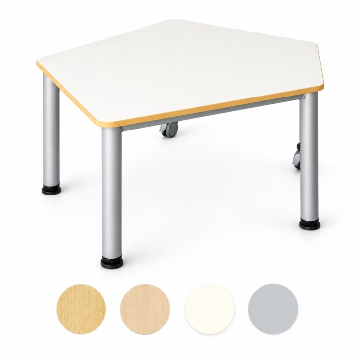 Fahrbarer Fünfecktisch mit Stahlgestell, E1-Platte mit Melaminharzbeschichtung, klein, 120 x 110 cm