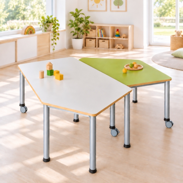 Fahrbarer Fünfecktisch mit Stahlgestell, Tischplatte Linoleum oder Melaminharzbeschichtung Fahrbarer Fünfecktisch mit Stahlgestell, Tischplatte Linoleum oder Melaminharzbeschichtung