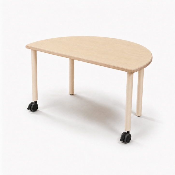 Mobiler, zargenloser Halbrundtisch 120x60 cm, Platte 25mm Buche Multiplex mit HPL, Holzbeine