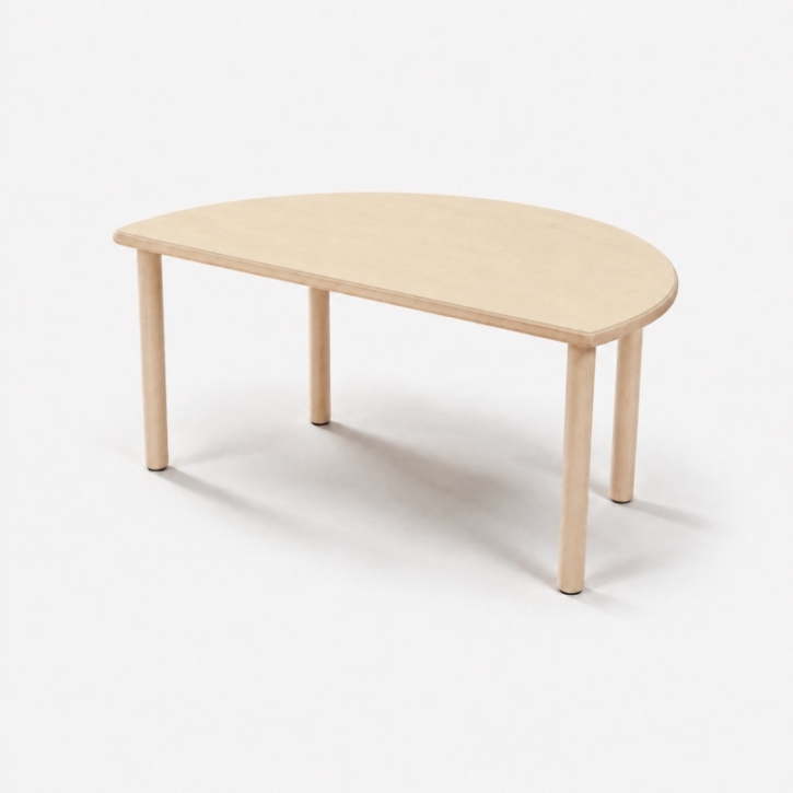 Zargenloser Halbrundtisch 120x60 cm, Platte 25mm Buche Multiplex mit HPL, Holzbeine ohne Rollen