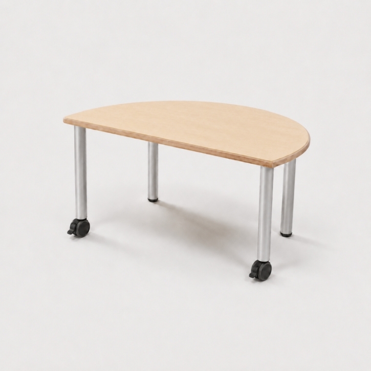 Mobiler, zargenloser Halbrundtisch 120x60 cm, Platte 25mm Buche Multiplex mit HPL, Metallbeine