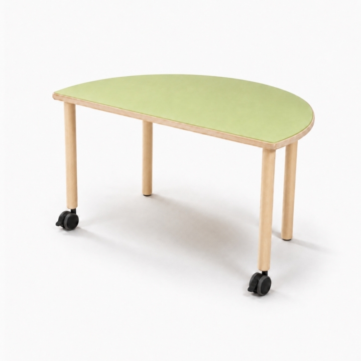Mobiler, zargenloser Halbrundtisch 120x60 cm, Platte 25mm Buche Multiplex mit Linoleum, Holzbeine