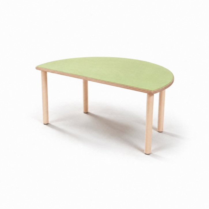 Zargenloser Halbrundtisch 120x60 cm, Platte 25mm Buche Multiplex mit Linoleum, Holzbeine ohne Rollen
