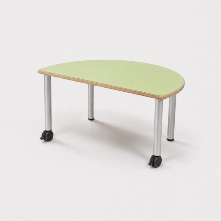 Mobiler, zargenloser Halbrundtisch 120x60 cm, Platte 25mm Buche Multiplex mit Linoleum, Metallbeine