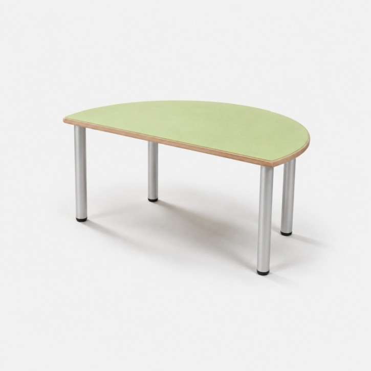 Zargenloser Halbrundtisch 120x60 cm, Platte 25mm Buche Multiplex mit Linoleum, Metallbe. ohne Rollen