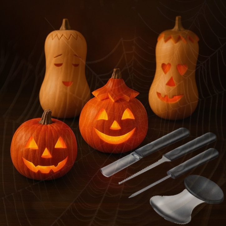 Kürbis-Schnitz-Set Halloween, 4-tlg., inkl. Schnitzvorlagen