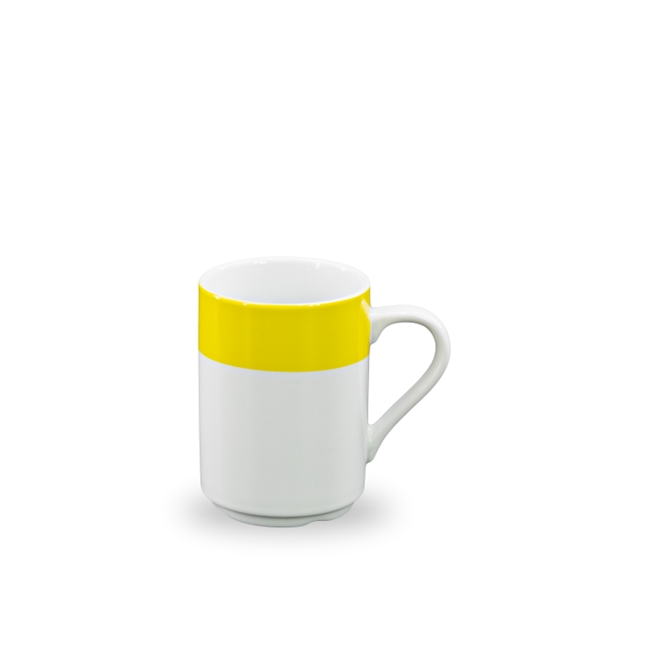 Porzellanserie COLORATA - Henkelbecher 290 ml mit gelbem Rand