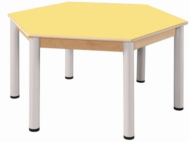 Höhenverstellbarer 6-Eck-Tisch Ø 120 cm, Formica-Tischplatte (Variante wählen)