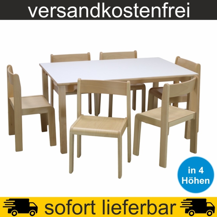 Stuhl-Tisch-Sparset - 1 Stück Rechtecktisch 120x80 cm + 6 Stapelstühle nach Wahl, Tischplatte Weiß
