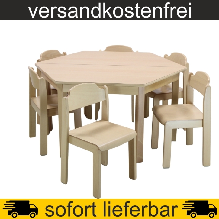 2 Stück Trapeztisch 120x60x60 cm Höhe 59 cm geschweifte Zarge HPL Buche + 6 Stapelstühle PHIL Sitzh. 35 cm, Kunststoffgleiter