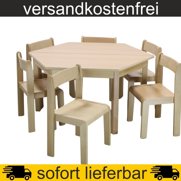 2 Stück Trapeztisch 120x60x60 cm Höhe 53 cm geschweifte Zarge HPL Buche + 6 Stapelstühle TIM Sitzh. 31 cm, Filzgleiter