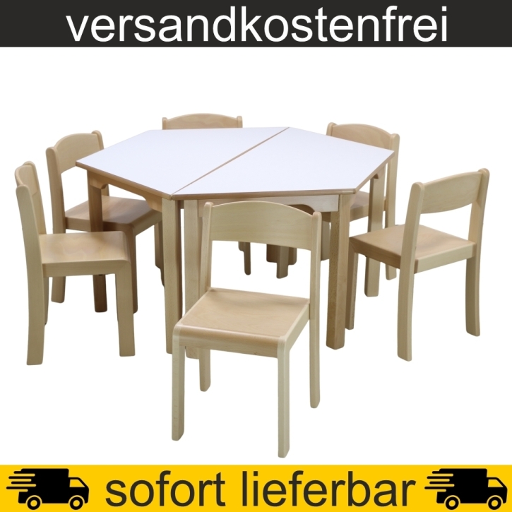 2 Stück Trapeztisch 120x60x60 cm Höhe 59 cm gerade Zarge HPL Weiß + 6 Stapelstühle ERIC Sitzh. 35 cm, Filzgleiter