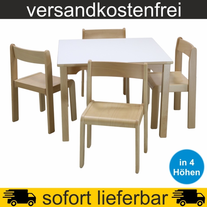 Stuhl-Tisch-Sparset - 1 Stück Quadrattisch 80x80 cm + 4 Stapelstühle nach Wahl, Tischplatte Weiß