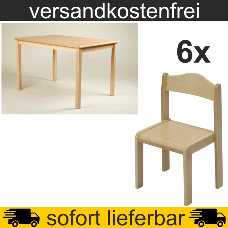 Rechtecktisch 120x60 cm Höhe 64 cm geschweifte Zarge HPL Buche + 6 Stapelstühle MAX Sitzh. 38 cm, Filzgleiter