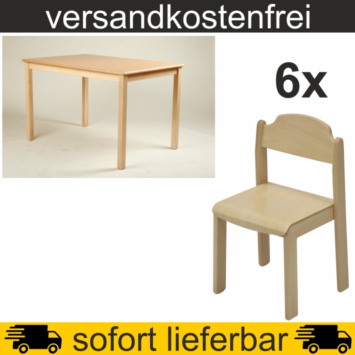 Rechtecktisch 120x60 cm Höhe 59 cm geschweifte Zarge HPL Buche + 6 Stapelstühle PHIL Sitzh. 35 cm, Kunststoffgleiter