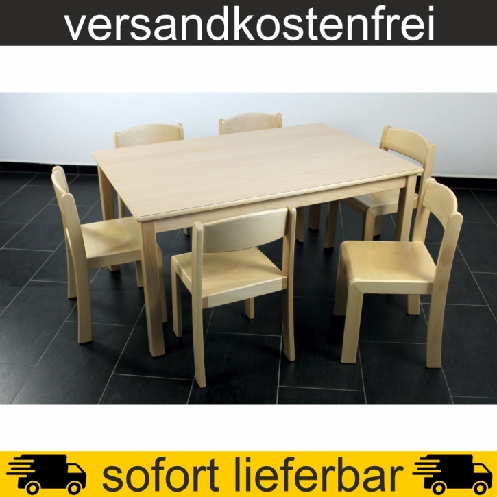 Rechtecktisch 120x80 cm Höhe 53 cm geschweifte Zarge HPL Buche + 6 Stapelstühle ERIC Sitzh. 31 cm, Kunststoffgleiter