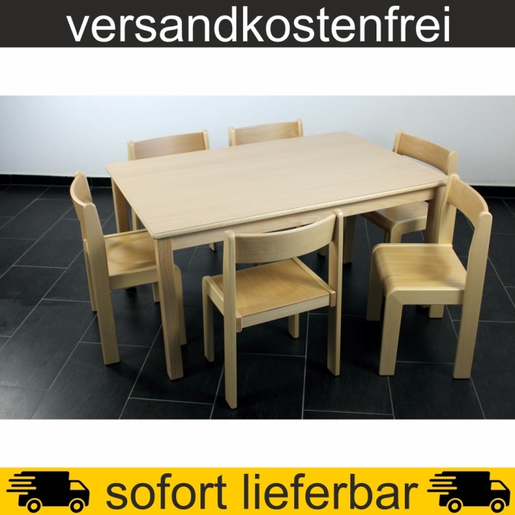 Rechtecktisch 120x80 cm Höhe 59 cm geschweifte Zarge HPL Buche + 6 Stapelstühle TIM Sitzh. 35 cm, Filzgleiter