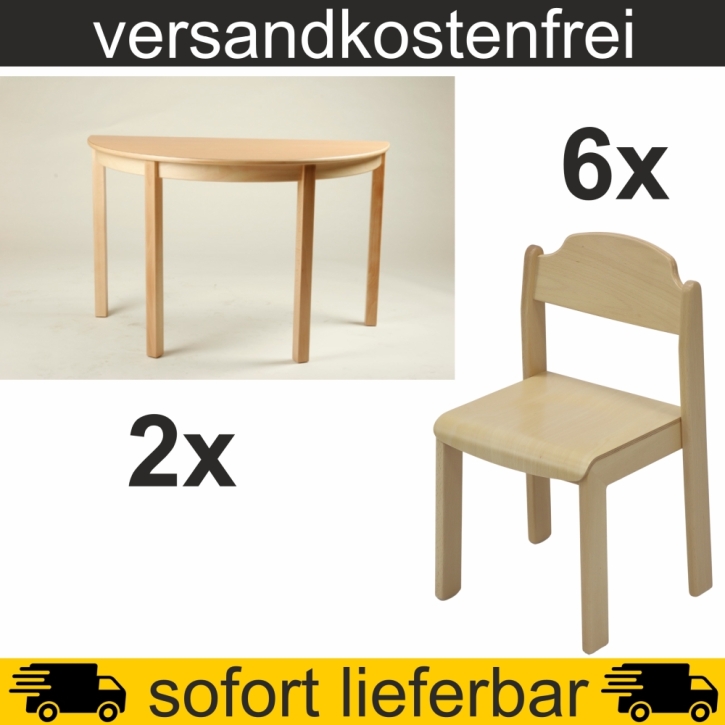 2 Stück Halbrundtisch 120x60 cm Höhe 59 cm geschweifte Zarge HPL Buche + 6 Stapelstühle PHIL Sitzh. 35 cm, Kunststoffgleiter