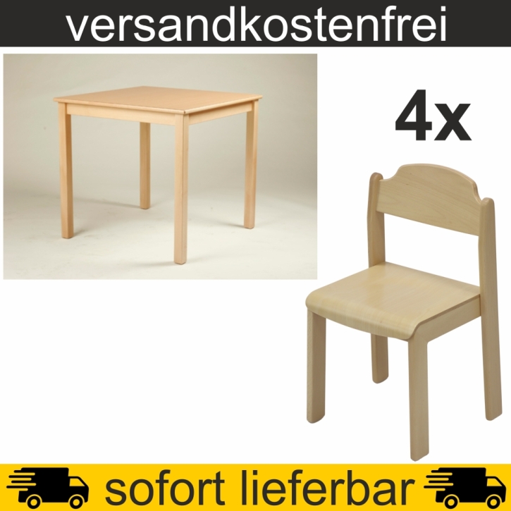 Tisch 80x80 cm Höhe 59 cm gerade Zarge HPL Buche + 4 Stapelstühle PHIL Sitzh. 35 cm, Kunststoffgleiter