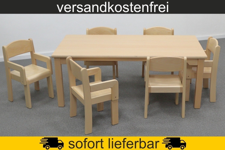 Rechtecktisch 120x60 cm Höhe 46 cm HPL Buche + 6 Armlehnen-Typ2-Stühle Eric Sitzhöhe 26 cm, Kunststoffgleiter