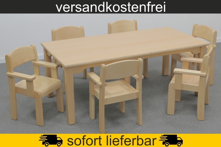 Rechtecktisch 120x60 cm Höhe 46 cm HPL Buche + 6 Armlehnen-Typ3-Stühle Eric Sitzhöhe 26 cm, Kunststoffgleiter