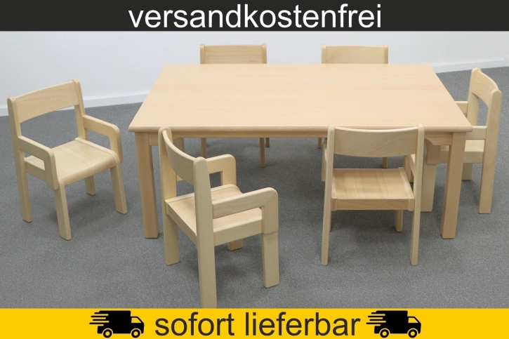 Rechtecktisch 120x80 cm Höhe 46 cm HPL Buche + 6 Armlehnen-Typ2-Stühle Tim Sitzhöhe 26 cm, Kunststoffgleiter