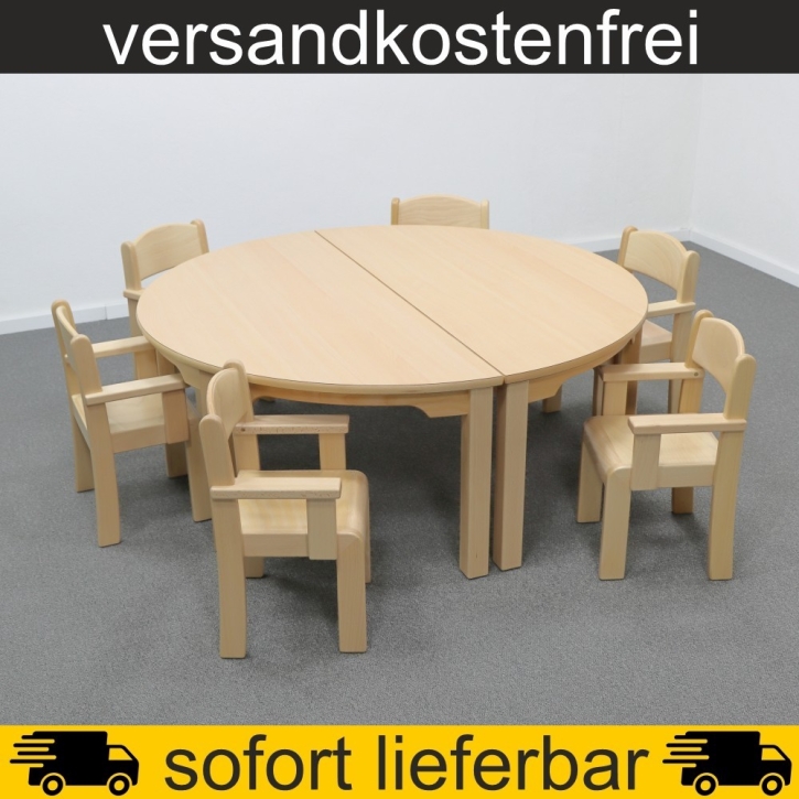 2 Stück Halbrundtisch 120x60 cm Höhe 46 cm HPL Buche + 6 Armlehnen-Typ3-Stühle Eric Sitzhöhe 26 cm, Filzgleiter