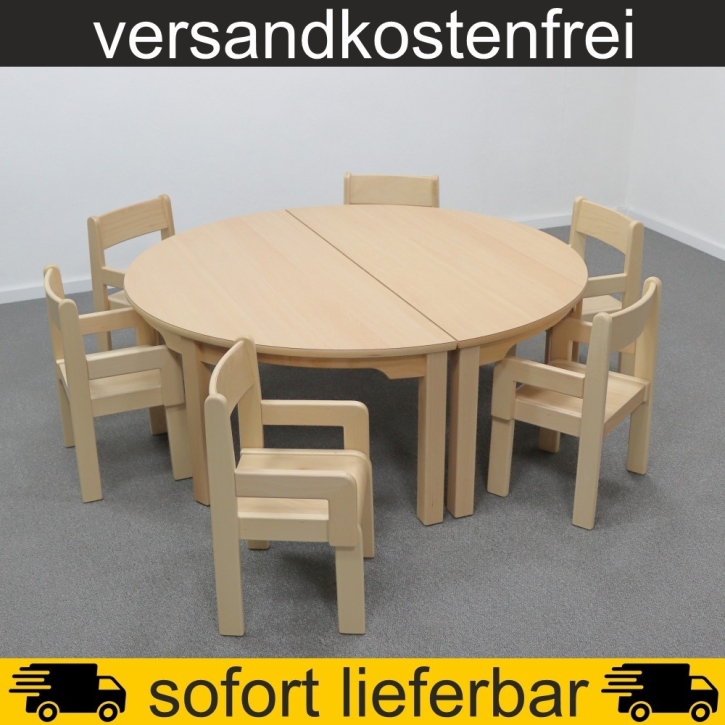 2 Stück Halbrundtisch 120x60 cm Höhe 46 cm HPL Buche + 6 Armlehnen-Typ2-Stühle Tim Sitzhöhe 26 cm, Filzgleiter