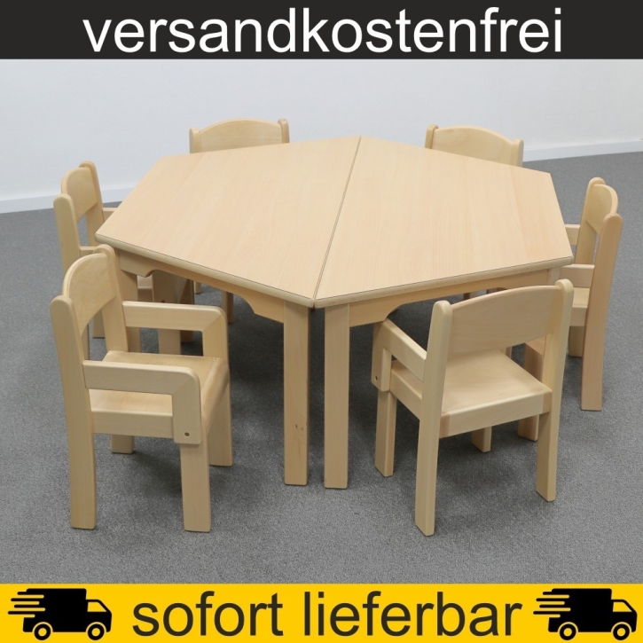 2 Stück Trapeztisch 120x60x60 cm Höhe 42 cm HPL Buche + 6 Armlehnen-Typ2-Stühle Eric Sitzhöhe 21 cm, Kunststoffgleiter