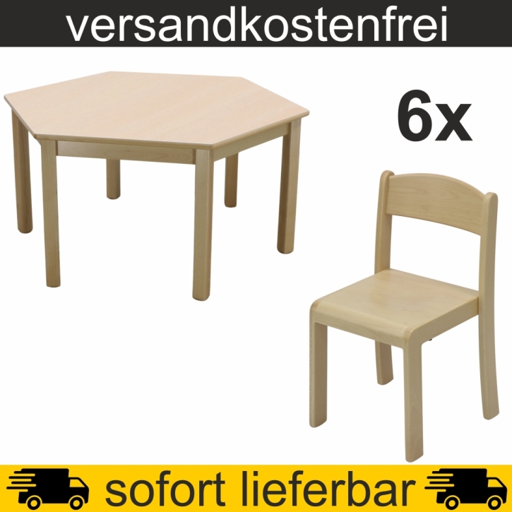 6-Eck-Tisch Ø 120 cm Höhe 59 cm gerade Zarge HPL Buche + 6 Stapelstühle ERIC Sitzh. 35 cm, Kunststoffgleiter