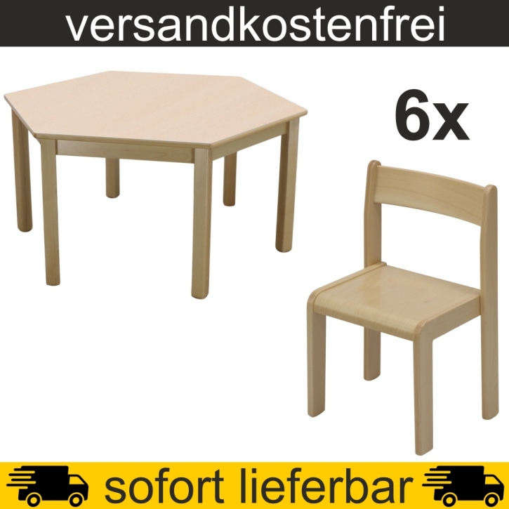 6-Eck-Tisch Ø 120 cm Höhe 59 cm gerade Zarge HPL Buche + 6 Stapelstühle TIM Sitzh. 35 cm, Kunststoffgleiter