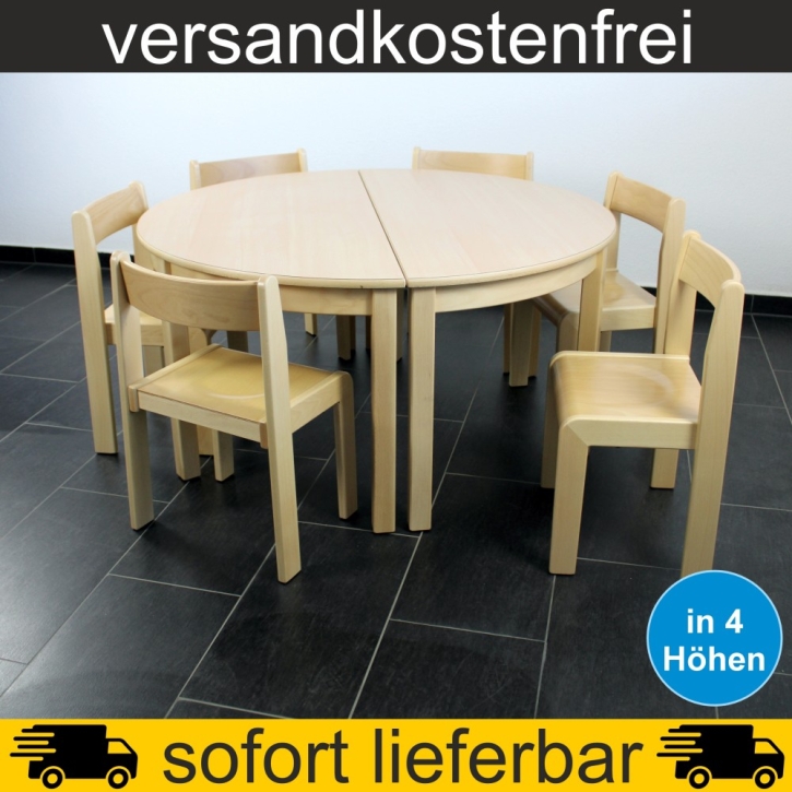 Stuhl-Tisch-Sparset - 2 Stück Halbrundtisch 120x60 cm + 6 Stapelstühle nach Wahl, Tischplatte Buche