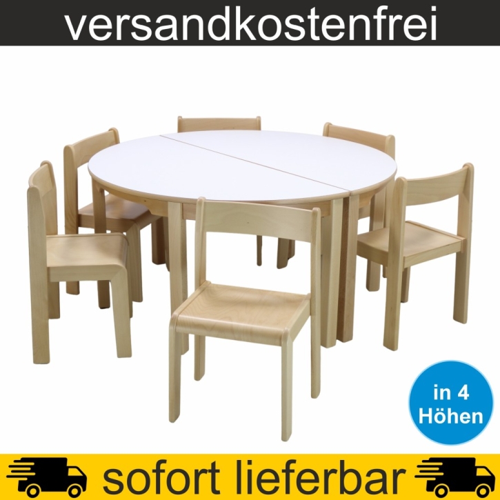 Stuhl-Tisch-Sparset - 2 Stück Halbrundtisch 120x60 cm + 6 Stapelstühle nach Wahl, Tischplatte Weiß