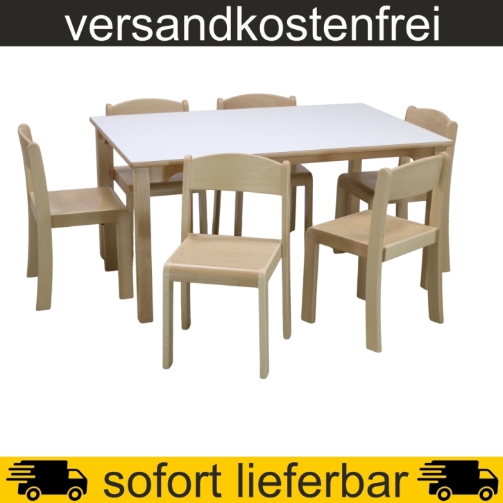 Rechtecktisch 120x80 cm Höhe 59 cm gerade Zarge HPL Weiß + 6 Stapelstühle ERIC Sitzh. 35 cm, Filzgleiter