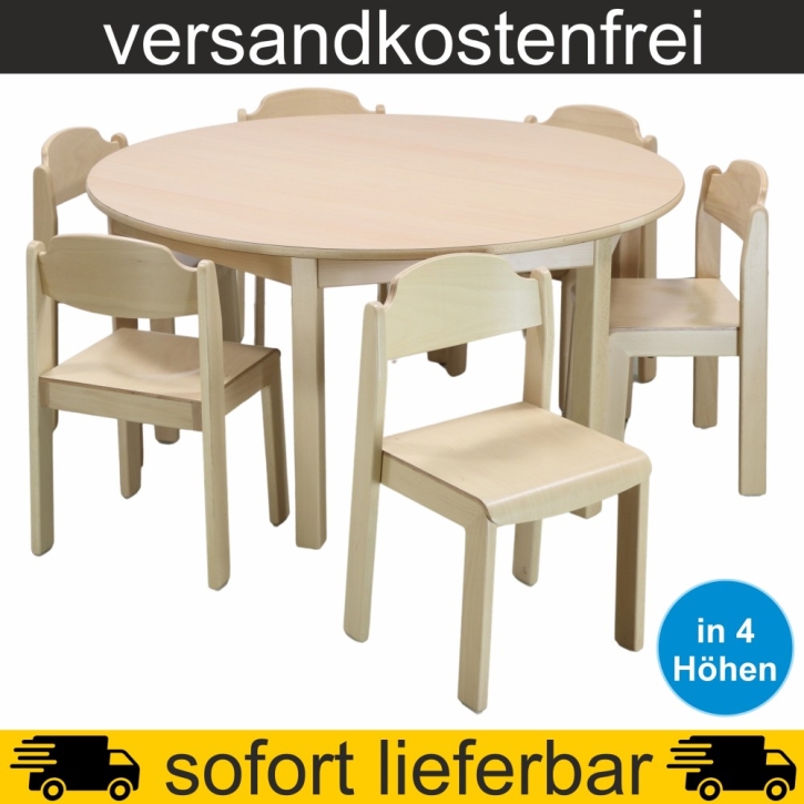 Stuhl-Tisch-Sparset - 1 Stück Rundtisch Ø 120 cm + 6 Stapelstühle nach Wahl, Tischplatte Buche