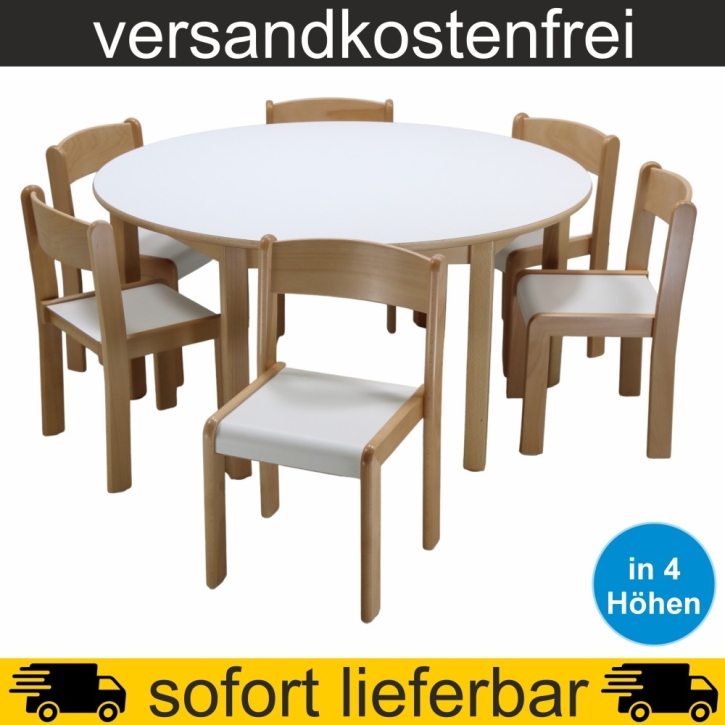 Stuhl-Tisch-Sparset - 1 Stück Rundtisch Ø 120 cm + 6 Stapelstühle nach Wahl, Tischplatte Weiß