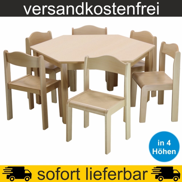 Stuhl-Tisch-Sparset - 1 Stück 6-Eck-Tisch Ø 120 cm + 6 Stapelstühle nach Wahl, Tischplatte Buche