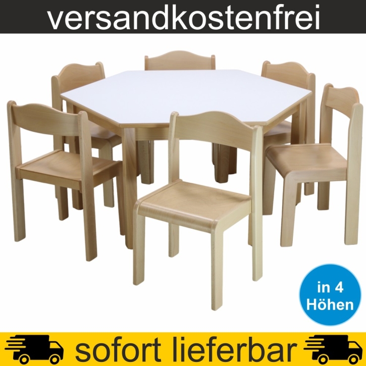 Stuhl-Tisch-Sparset - 1 Stück 6-Eck-Tisch Ø 120 cm + 6 Stapelstühle nach Wahl, Tischplatte Weiß