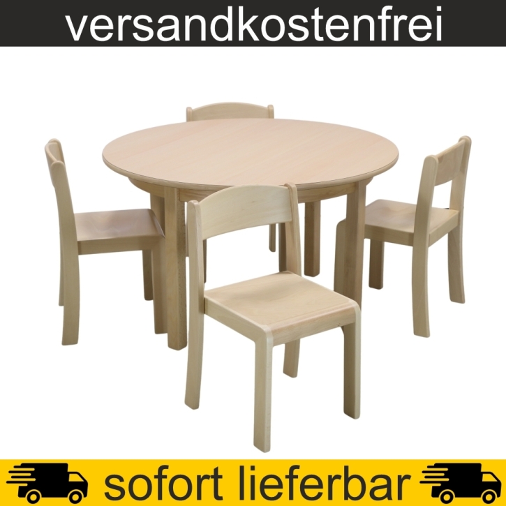 Rundtisch Ø 100 cm Höhe 59 cm gerade Zarge HPL Buche + 4 Stapelstühle ERIC Sitzh. 35 cm, Filzgleiter